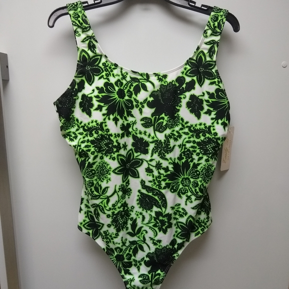 NWT Emily B Originals White Black Neon Green One Piece Floral Swimsuit - Size XL - Picture 11 of 11